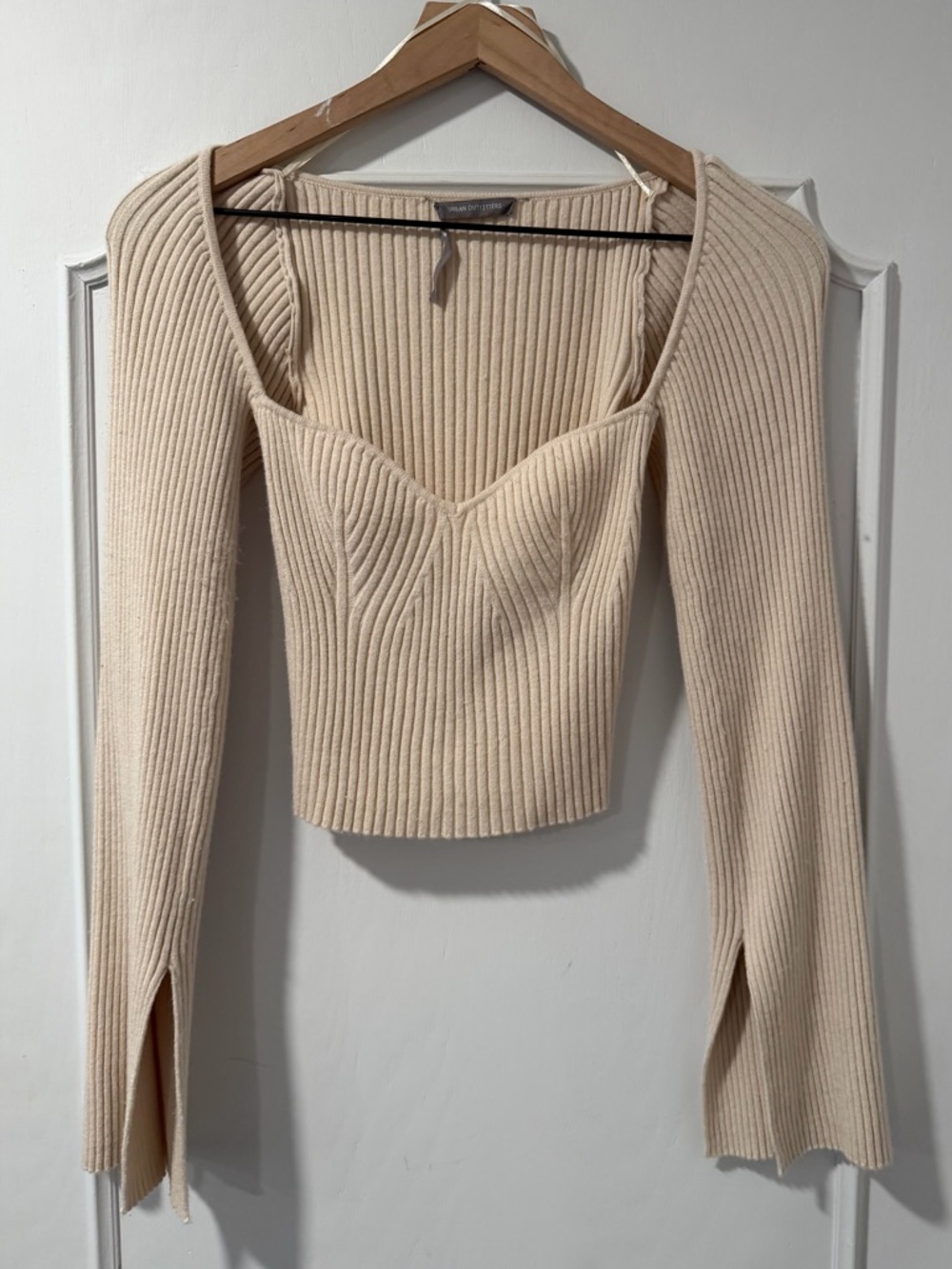 Urban Outfitters Cream Square Neck Ribbed Sweater with Flared Sleeves - Small